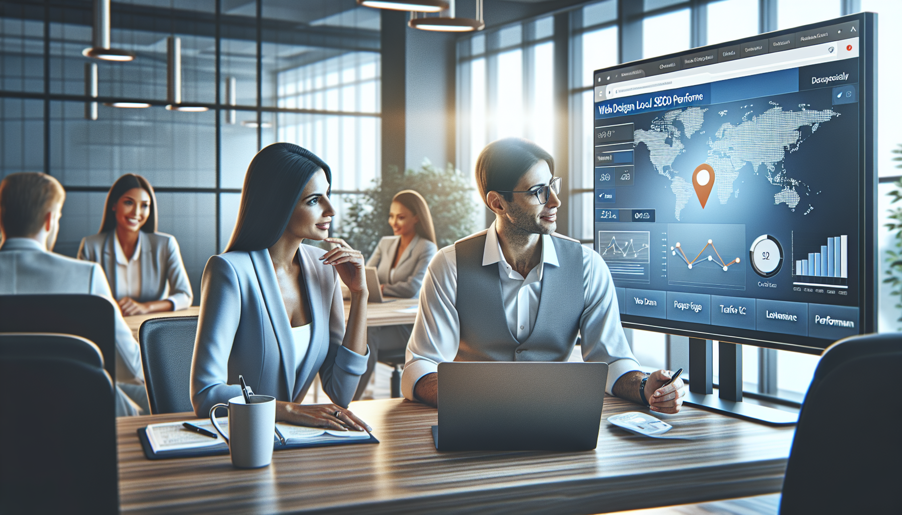 Profesionales analizando marketing digital para empresas en una oficina moderna con portátil mostrando diseño web y gráficos de posicionamiento SEO local.