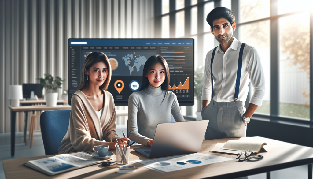 Profesionales analizando marketing digital para empresas en una oficina moderna con portátil mostrando diseño web y gráficos de posicionamiento SEO local.