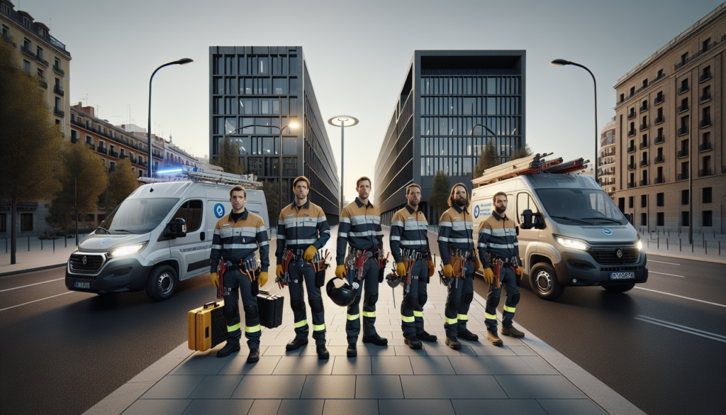 Equipo de electricistas con chalecos y furgonetas de empresa frente a un edificio moderno en Madrid realizando tareas eléctricas