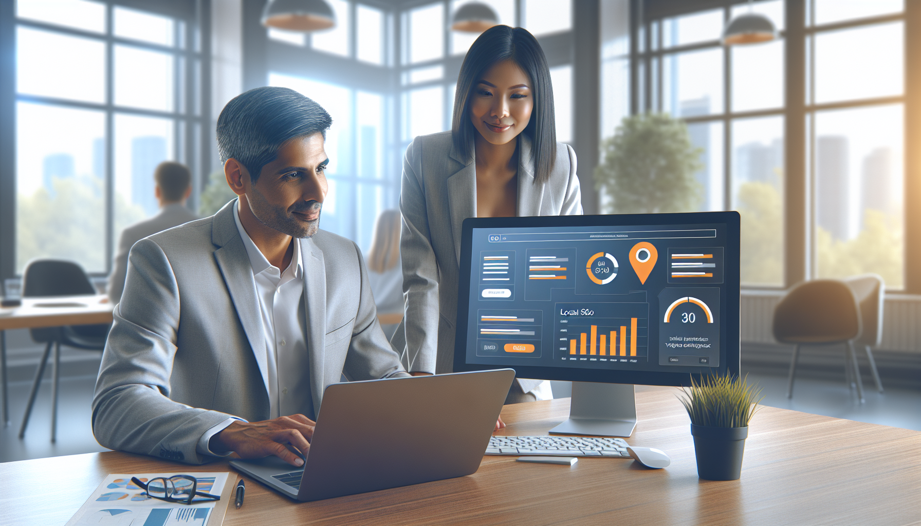 Posicionar SEO local y SEO con ChatGPT: Guía para mejorar tu visibilidad en Google Profesionales analizando marketing digital para empresas en una oficina moderna con portátil mostrando diseño web y gráficos de posicionamiento SEO local.